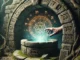 Main tendue vers un puits magique entouré de symboles kabbalistiques et maçonniques dans un décor mystique