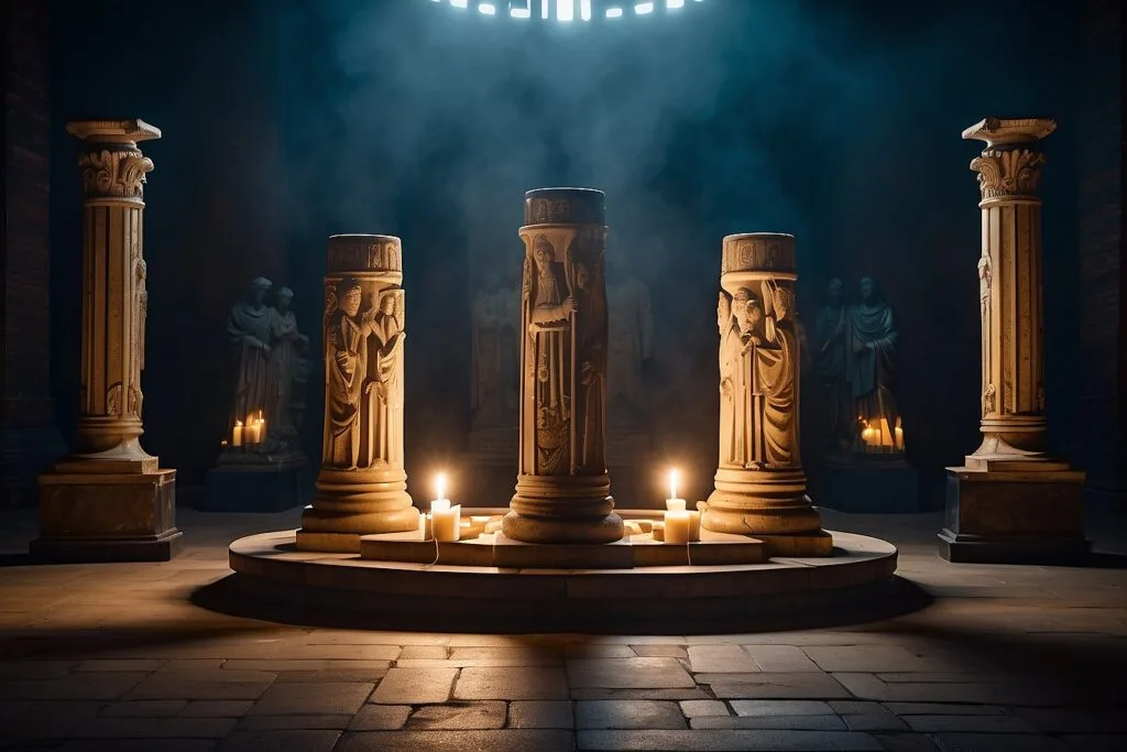 Colonnes maçonniques dans un temple, symboles des valeurs initiatiques