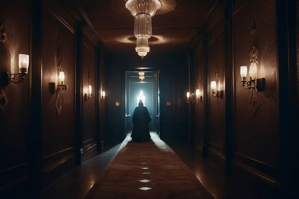 Initié marchant dans un couloir sombre vers une porte lumineuse, représentation symbolique du voyage initiatique franc-maçonnique
