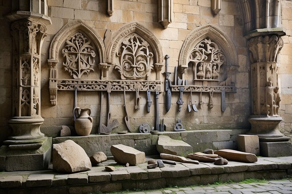 Outils anciens de tailleurs de pierre exposés sous des arcs gothiques, symbolisant les instruments en Franc-maçonnerie et le travail spirituel initiatique.