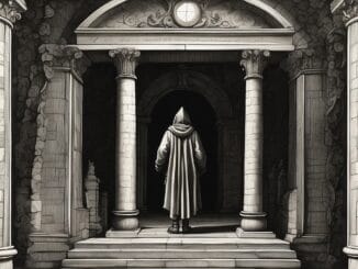 Personnage vu de dos qui a monté les trois marches symboliques menant à un temple, dans un style de gravure ésotérique ancienne.