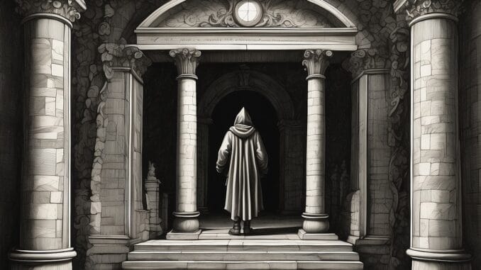 Personnage vu de dos qui a monté les trois marches symboliques menant à un temple, dans un style de gravure ésotérique ancienne.