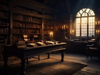 Bureau d’étude ancien avec piles de livres et chandelles dans une bibliothèque baignée d’une lumière dorée.