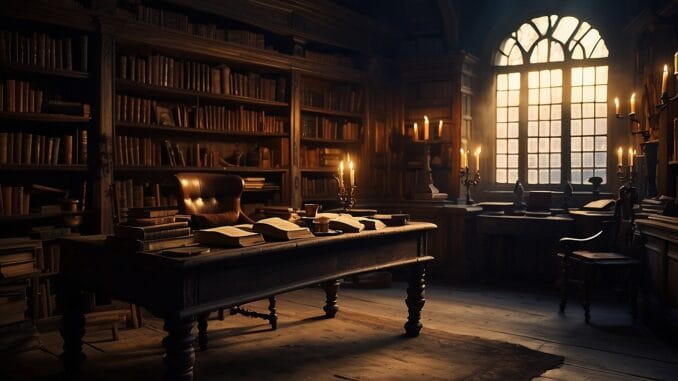 Bureau d’étude ancien avec piles de livres et chandelles dans une bibliothèque baignée d’une lumière dorée.