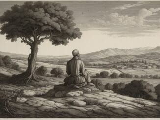 Homme assis de dos sur un rocher, sous un arbre, méditant en silence devant un vaste paysage provençal.