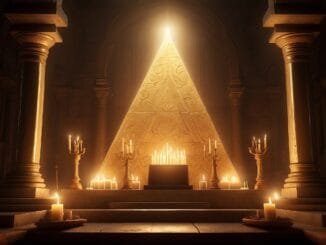 Grand triangle doré illuminé derrière un autel de bougies dans un Temple maçonnique, symbolisant le triangle maçonnique, la Lumière et le chemin initiatique.