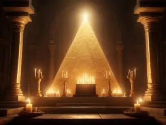 Grand triangle doré illuminé derrière un autel de bougies dans un Temple maçonnique, symbolisant le triangle maçonnique, la Lumière et le chemin initiatique.