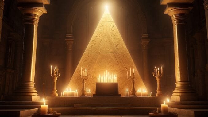 Triangle de lumière dans le Temple maçonnique Grand triangle doré illuminé derrière un autel de bougies dans un Temple maçonnique, symbolisant le triangle maçonnique, la Lumière et le chemin initiatique.