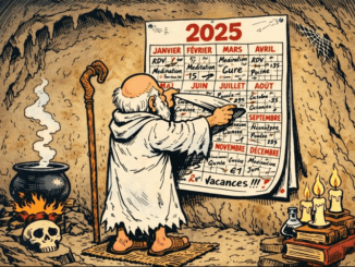 Ermite examinant un calendrier 2025 dans une grotte, symbolisant l'organisation rituelle et la planification spirituelle d'une année maçonnique