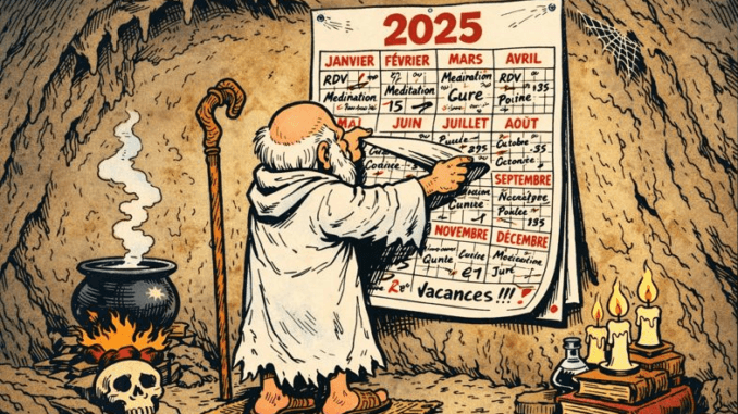 Ermite examinant un calendrier 2025 dans une grotte, symbolisant l'organisation rituelle et la planification spirituelle d'une année maçonnique