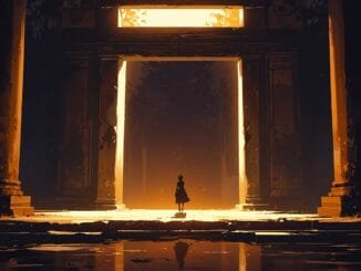 Travail intérieur en franc-maçonnerie : silhouette franchissant une porte lumineuse du Temple, symbole de transformation et de rayonnement extérieur.