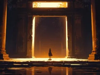 Travail intérieur en franc-maçonnerie : silhouette franchissant une porte lumineuse du Temple, symbole de transformation et de rayonnement extérieur.