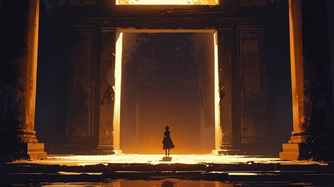 Travail intérieur en franc-maçonnerie : silhouette franchissant une porte lumineuse du Temple, symbole de transformation et de rayonnement extérieur.