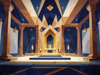 Temple maçonnique illustrant Sagesse Force Beauté en franc-maçonnerie avec autel lumineux piliers géométriques et voûte étoilée