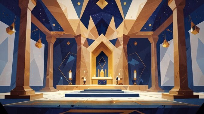 Sagesse, Force et Beauté - le temple maçonnique en lumière Temple maçonnique illustrant Sagesse Force Beauté en franc-maçonnerie avec autel lumineux piliers géométriques et voûte étoilée