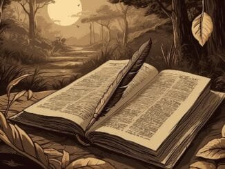 Livre ouvert et plume dans une forêt, illustrant “feuilleton relire Adam et Ève” sur le GOTM.fr, lecture ésotérique et initiatique.