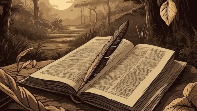 Livre ouvert et plume dans une forêt, illustrant “feuilleton relire Adam et Ève” sur le GOTM.fr, lecture ésotérique et initiatique.