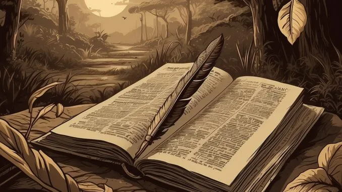Livre ouvert et plume dans une forêt, illustrant “feuilleton relire Adam et Ève” sur le GOTM.fr, lecture ésotérique et initiatique.
