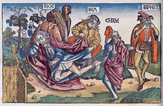 Illustration ancienne de Noé étendu, entouré de Sem, Cham et Japhet, dans une scène biblique liée aux lignées d’Adam et Ève après le Déluge.