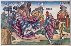 Illustration ancienne de Noé étendu, entouré de Sem, Cham et Japhet, dans une scène biblique liée aux lignées d’Adam et Ève après le Déluge.