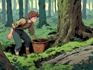 Jeune promeneur cherchant des champignons en forêt près d'un panier d'osier vide, illustration de la quête initiatique du cherchant en franc-maçonnerie.