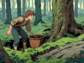 Jeune promeneur cherchant des champignons en forêt près d'un panier d'osier vide, illustration de la quête initiatique du cherchant en franc-maçonnerie.