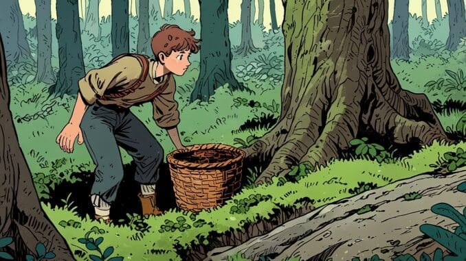 Apprenti au panier vide Jeune promeneur cherchant des champignons en forêt près d'un panier d'osier vide, illustration de la quête initiatique du cherchant en franc-maçonnerie.