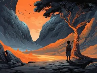Illustration d'un enfant préhistorique face à un arbre incandescent dans une vallée rocheuse, évoquant l'origine de la voûte étoilée maçonnique.