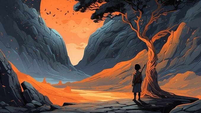 Enfant devant arbre de braise Illustration d'un enfant préhistorique face à un arbre incandescent dans une vallée rocheuse, évoquant l'origine de la voûte étoilée maçonnique.