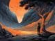 Illustration d'un enfant préhistorique face à un arbre incandescent dans une vallée rocheuse, évoquant l'origine de la voûte étoilée maçonnique.