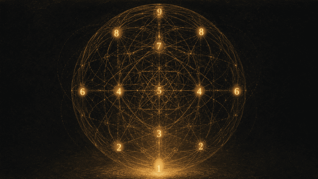 Sphère de géométrie sacrée illustrant la symbolique des nombres en franc-maçonnerie, du 1 à la base au 9 au sommet, avec le 5 au centre.