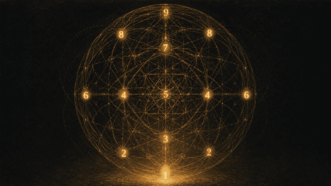 La Sphere des Nombres de l Unite à l Enneade Sphère de géométrie sacrée illustrant la symbolique des nombres en franc-maçonnerie, du 1 à la base au 9 au sommet, avec le 5 au centre.